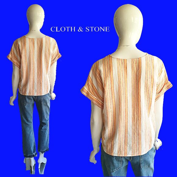 CLOTH & STONE NEW Linen Stripe V-Neck Tie Cuff Sleeve Crop Top M - Picture 9 of 12